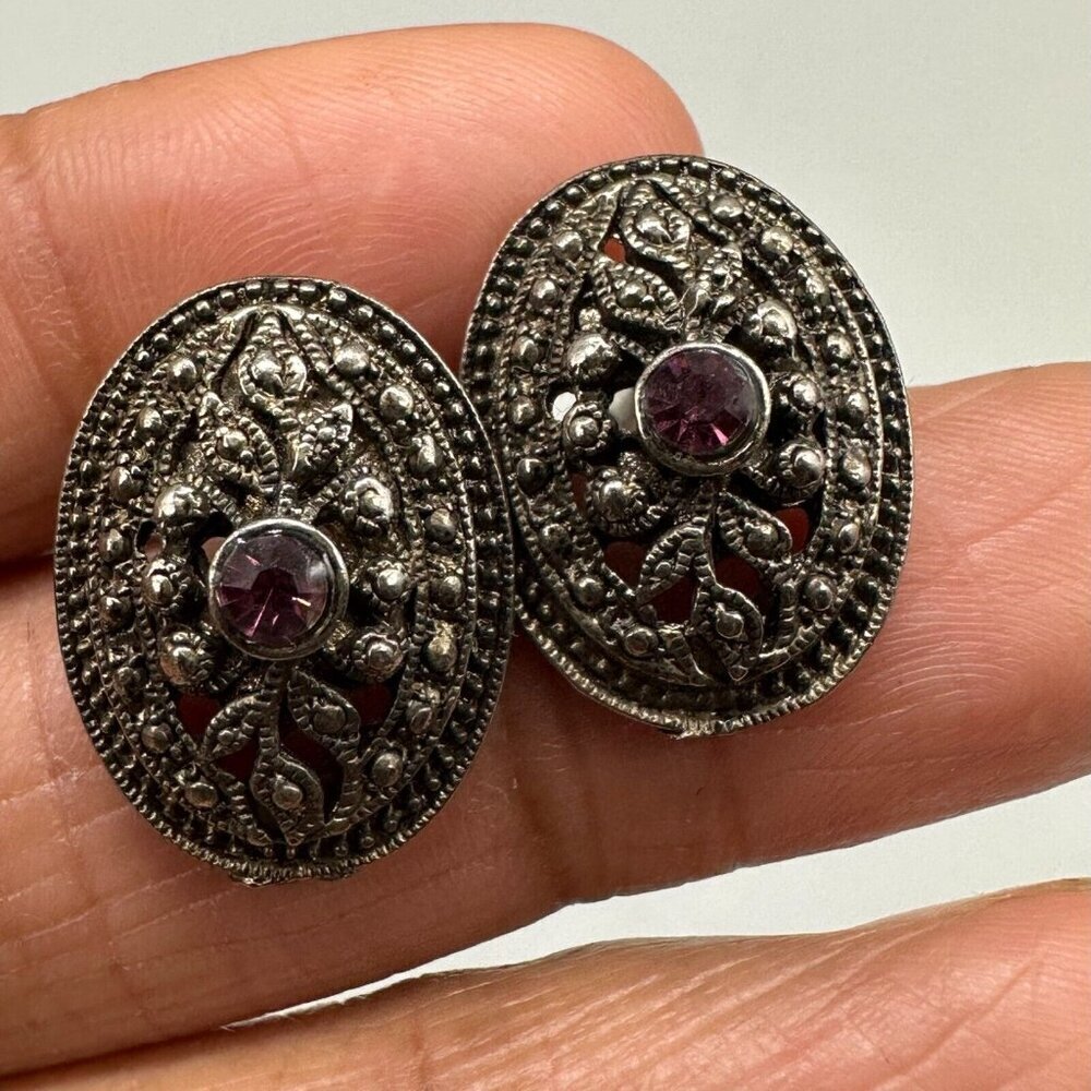 3/$30 Oxidized Stud Silver Tone Oval Purple Rhinestone Filigree Post Pierced